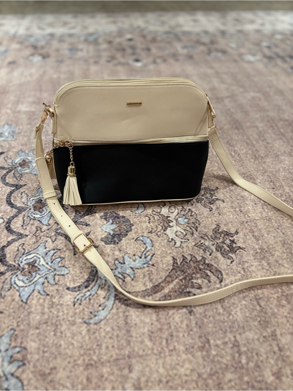 Two-Tone Cream and Black Crossbody Bag with Tassel
